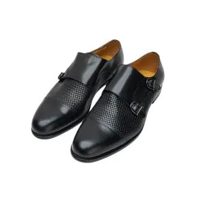 25018-Black Genuine Cow leather Double Strap Formal Shoes with TPR Welted Sole Monk Strap For Men