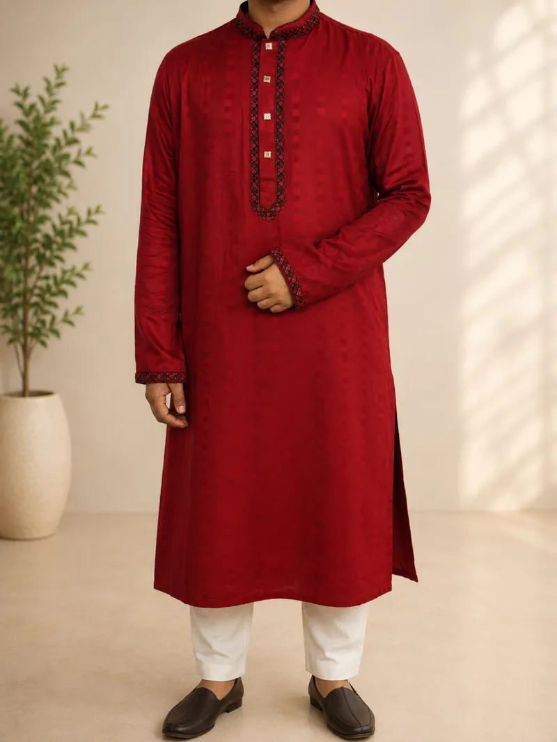 Men's Pure Cotton Panjabi with Body Embroidery, Sizes 38 to 44