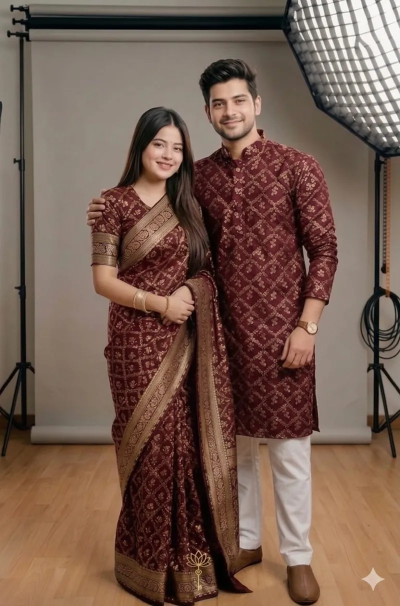 Couple Silk Saree and Dhupian Silk Panjabi Set, Sizes 38 to 46