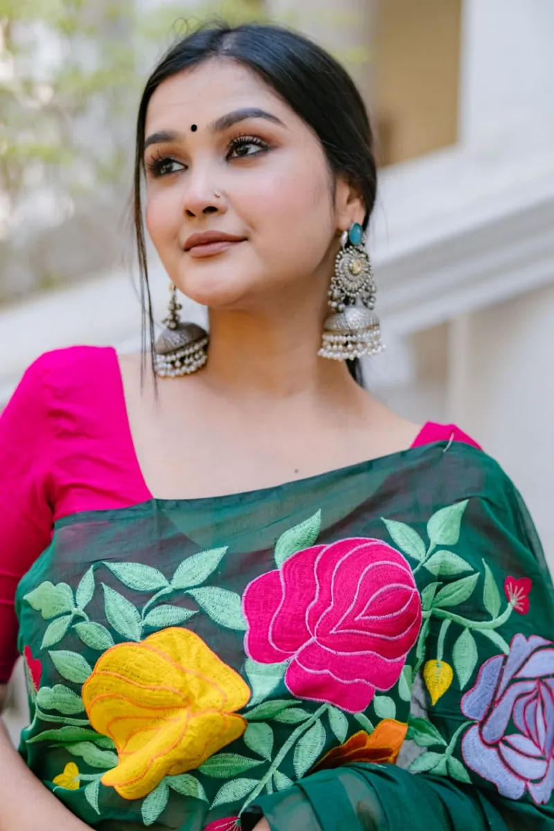 Embroidered Half Silk Saree for Women, 12 Haath Length