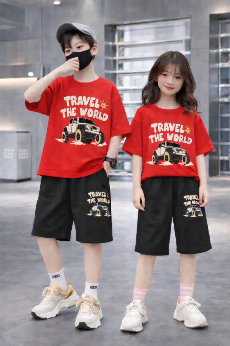 Kids' Drop Shoulder Cotton T-Shirt and Pant Set, 200/220 GSM