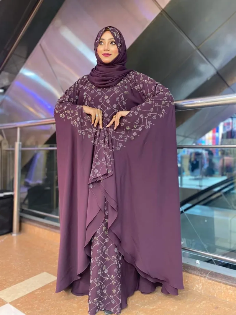 Women's Cherry Stone Work Abaya Borka Set with Hijab, 4 Colours