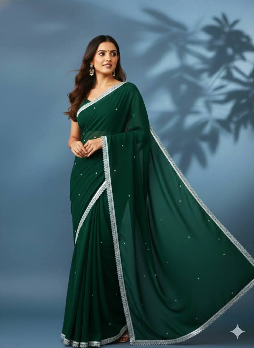 Georgette Saree with Stone Work and Lace, Matching Blouse