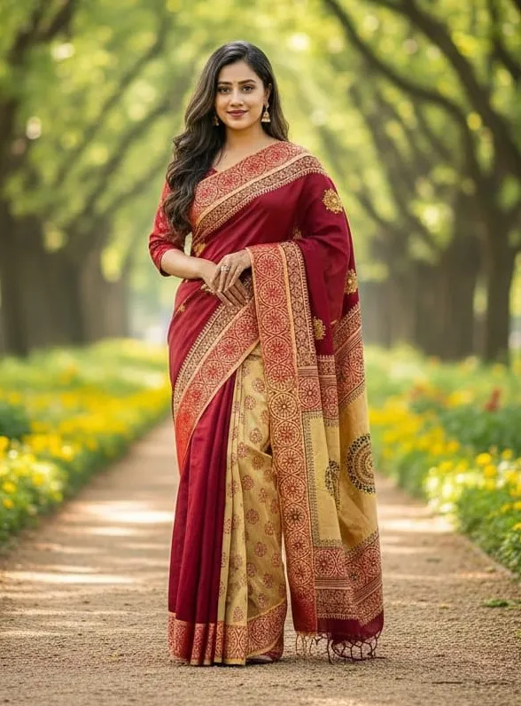 Nakshi Dhupian Silk Saree with Block Print and Embroidery