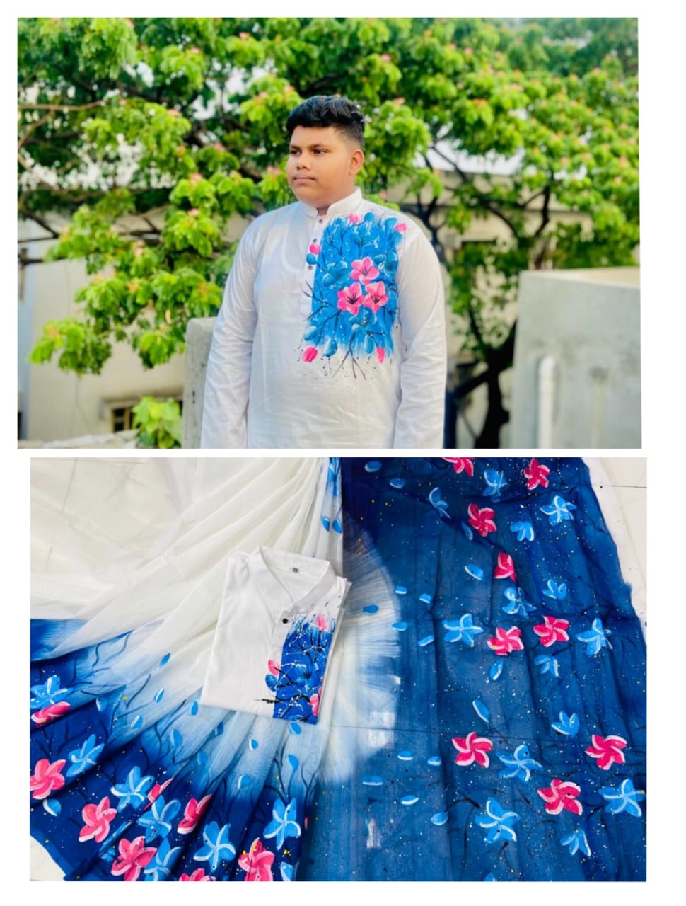 Matching Hand Print Saree and Panjabi Couple Set, Sizes 38 to 46