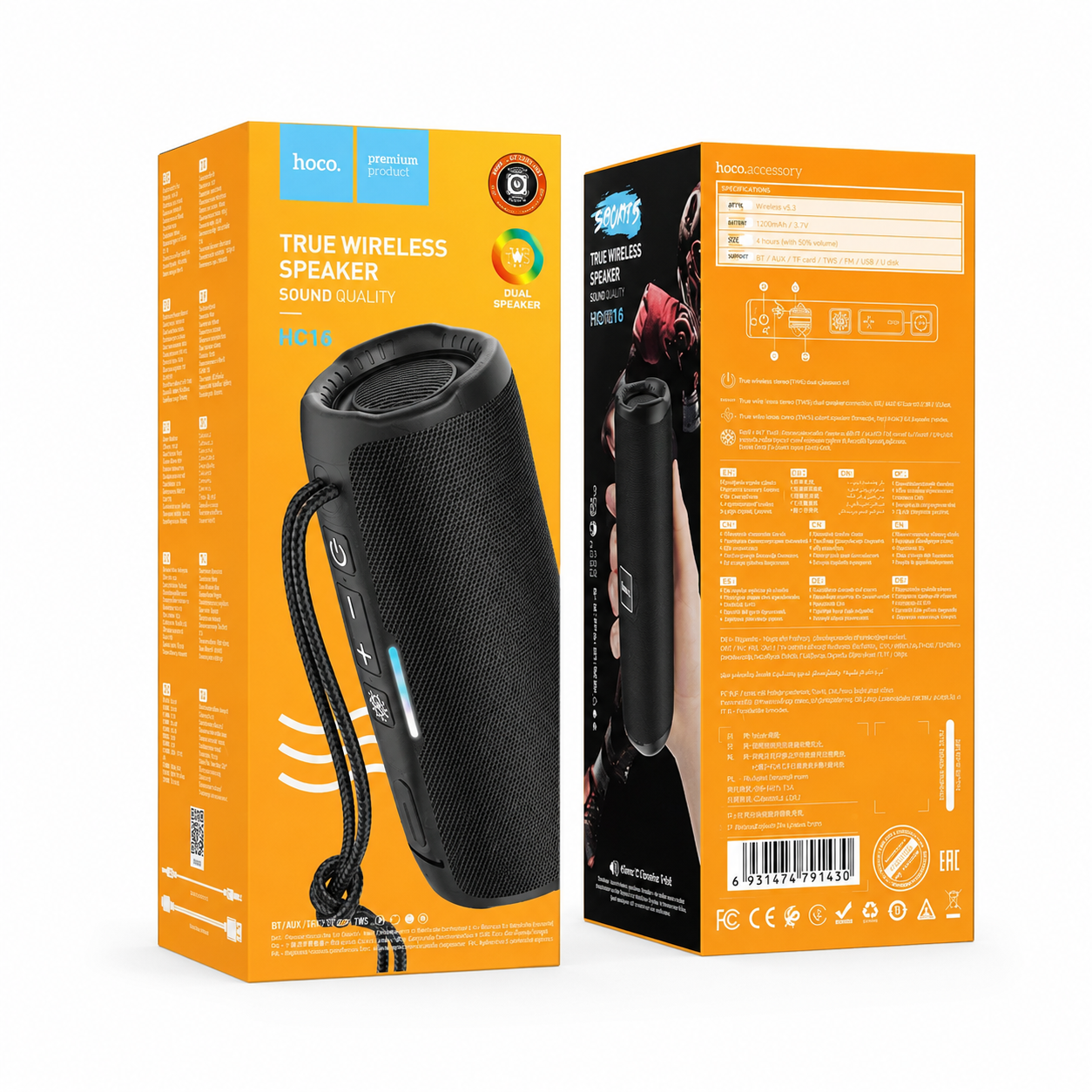 Hoco HC16 True Wireless Portable Bluetooth Speaker with RGB Breathing Light, 10W Stereo Sound