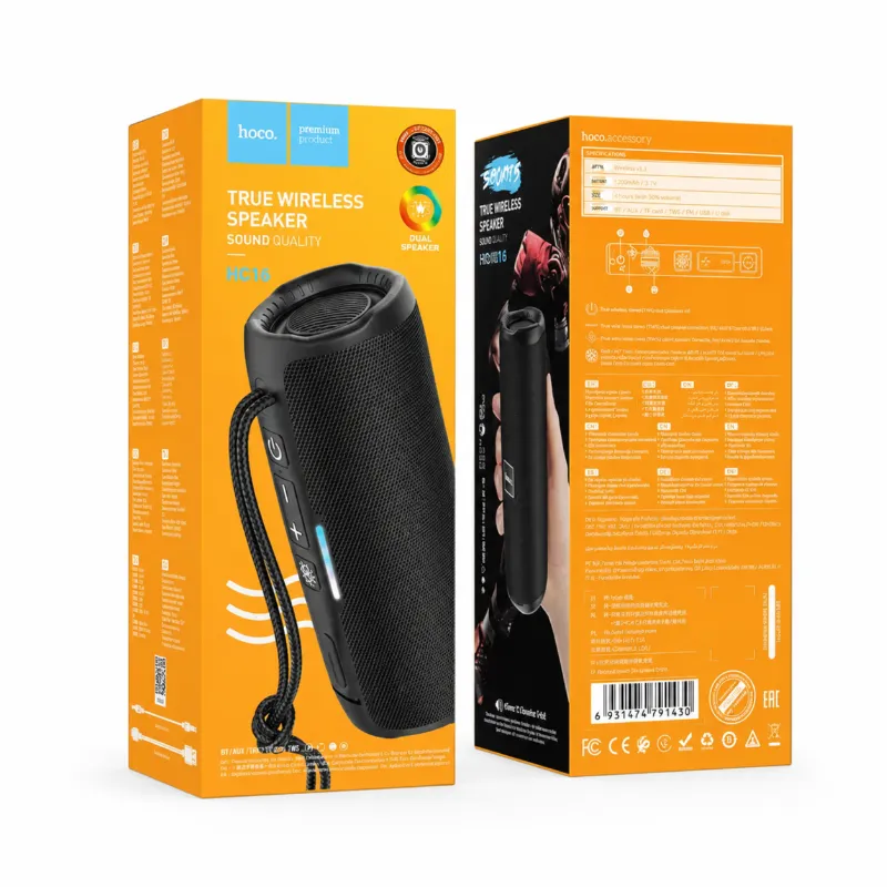 Hoco HC16 True Wireless Portable Bluetooth Speaker with RGB Breathing Light, 10W Stereo Sound