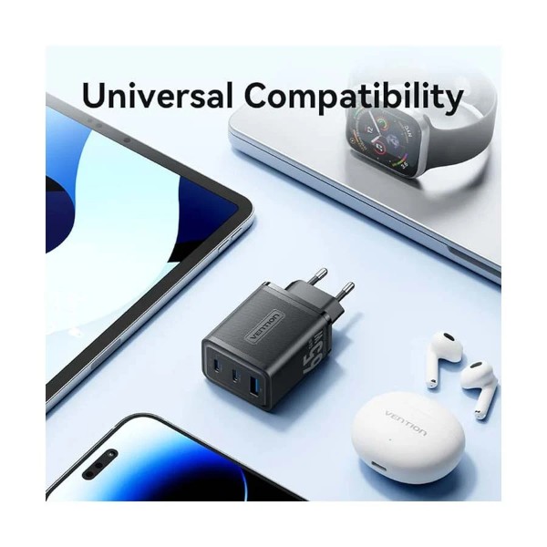 Vention FERB0-EU 3-Port USB & Dual USB-C 65W GaN Black Charger (2 Pin, EU)