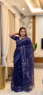 Half Silk Screen Print Saree with Printed Border and Blouse Piece