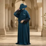 Premium Dubai Cherry Fabric: Elegant Lace Abaya Borka Teal Color