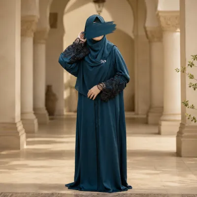 Premium Dubai Cherry Fabric: Elegant Lace Abaya Borka Teal Color