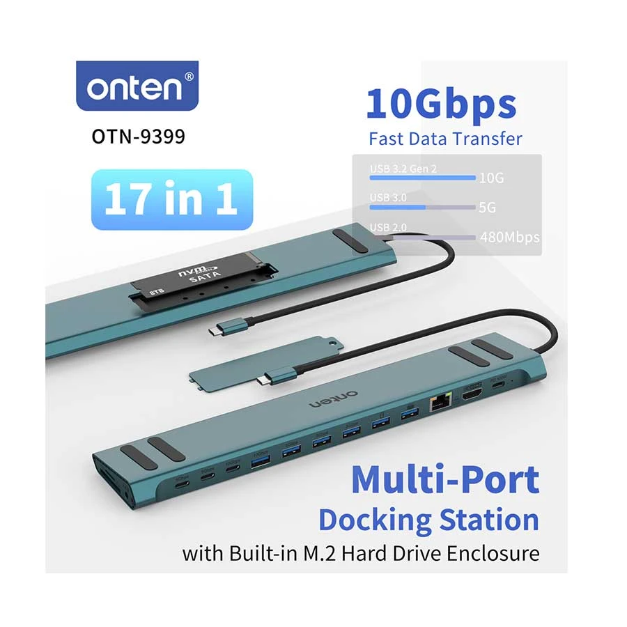 Onten OTN-9399 USB-C Hub with M.2 SSD Enclosure, Crystal Teal