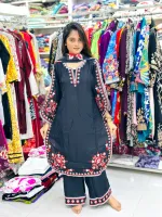 Women's Puja Linen Three Piece with Embroidery and Digital Print Orna