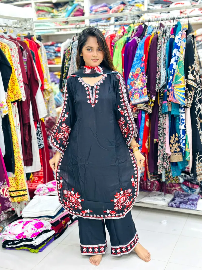 Women's Puja Linen Three Piece with Embroidery and Digital Print Orna