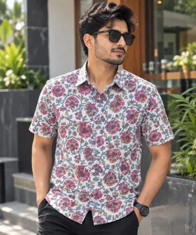Men's Cotton Half Sleeve Print Shirt with Single Pocket
