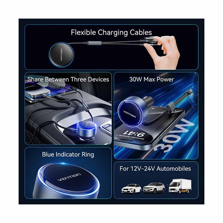 Vention FFOB0 30W Dual USB-C & Lightning Black Fast Car Charger