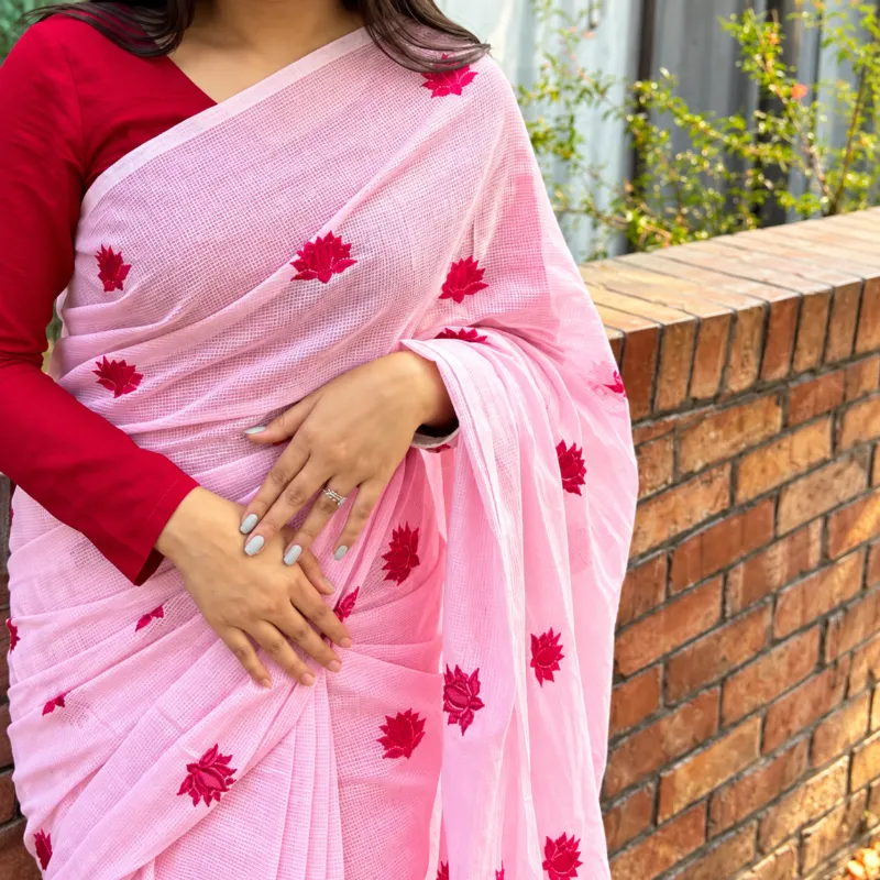 Exclusive Baby Pink Cotton Embroidered Saree