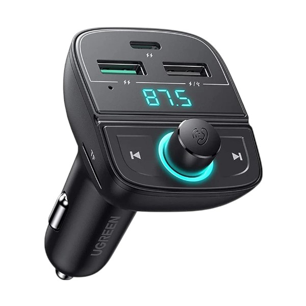Ugreen CD229 Dual USB & Type-C QC 3.0 Black Car Charger with USB, TF, Bluetooth & FM Transmitter