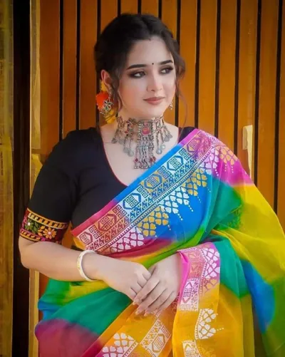 Rainbow Afsan Print Half Silk Saree, Hand and Block Print