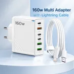 160W Super Fast Multi-Adapter: Ultimate GaN Charger with 6 Ports & Lightning Cable