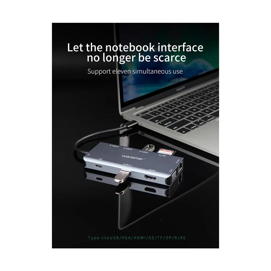 Yuanxin X-3111 USB-C Hub HDMI, VGA, Quad USB, PD, SD, TF, LAN & 3.5mm