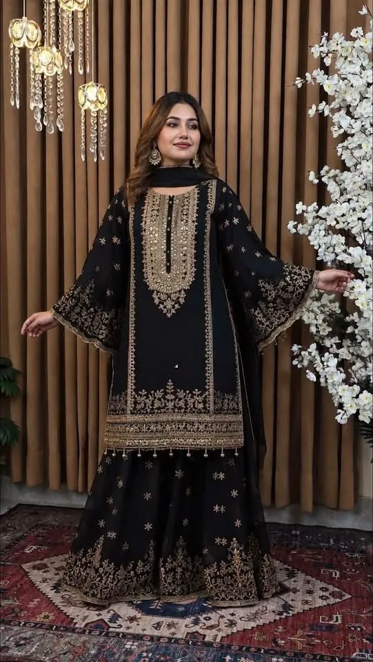 Georgette Heavy Embroidery Gharara Dress with Inner, 4 Colours