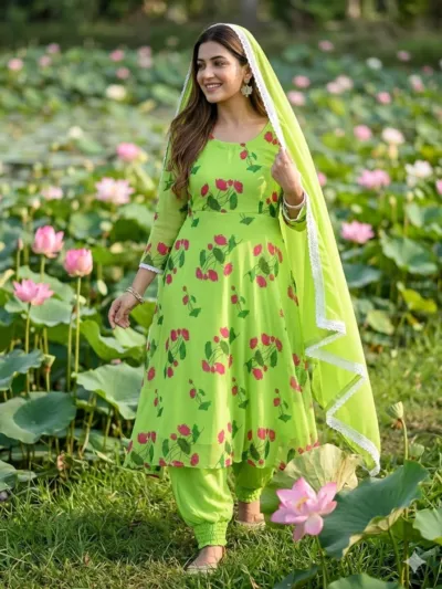 Georgette Gown Three Piece, Free Size with Lace Orna