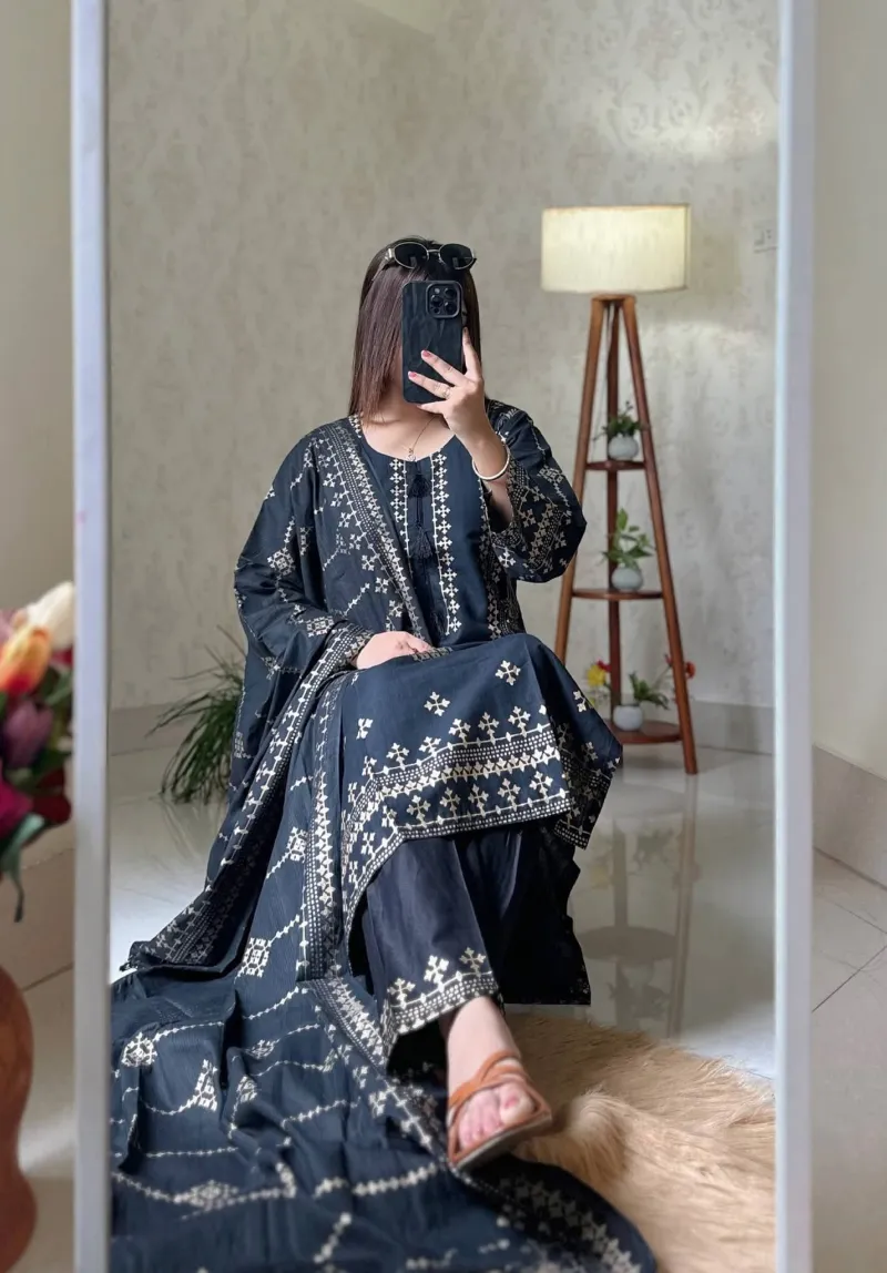 Women's Readymade Cotton Three Piece with Skin Print and Lace