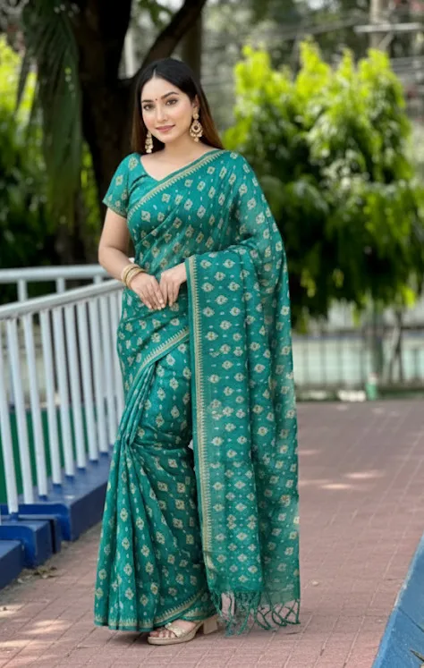 Cotton Suti Saree with Rubber Screen Print, 14 Haath