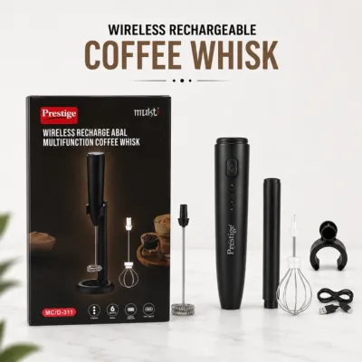 Prestige Mukt 2-in-1 Rechargeable Coffee Foamer & Milk Frother – 3-Speed Wireless Electric Handheld Whisk with Stand & Type-C Charging for Coffee, Eggs & Shakes