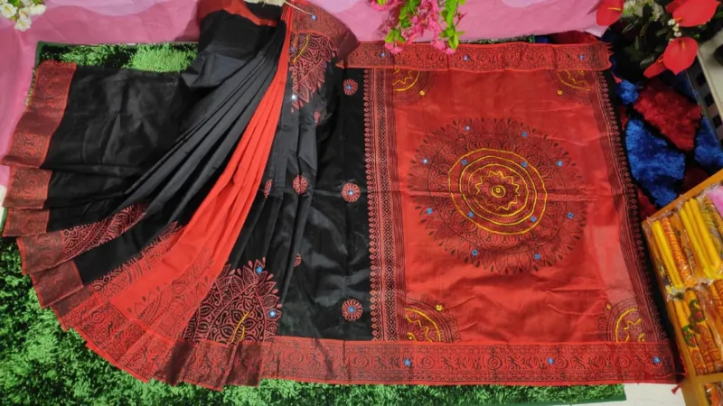 Dhupian Silk Sari with Block Print and Embroidery for Women