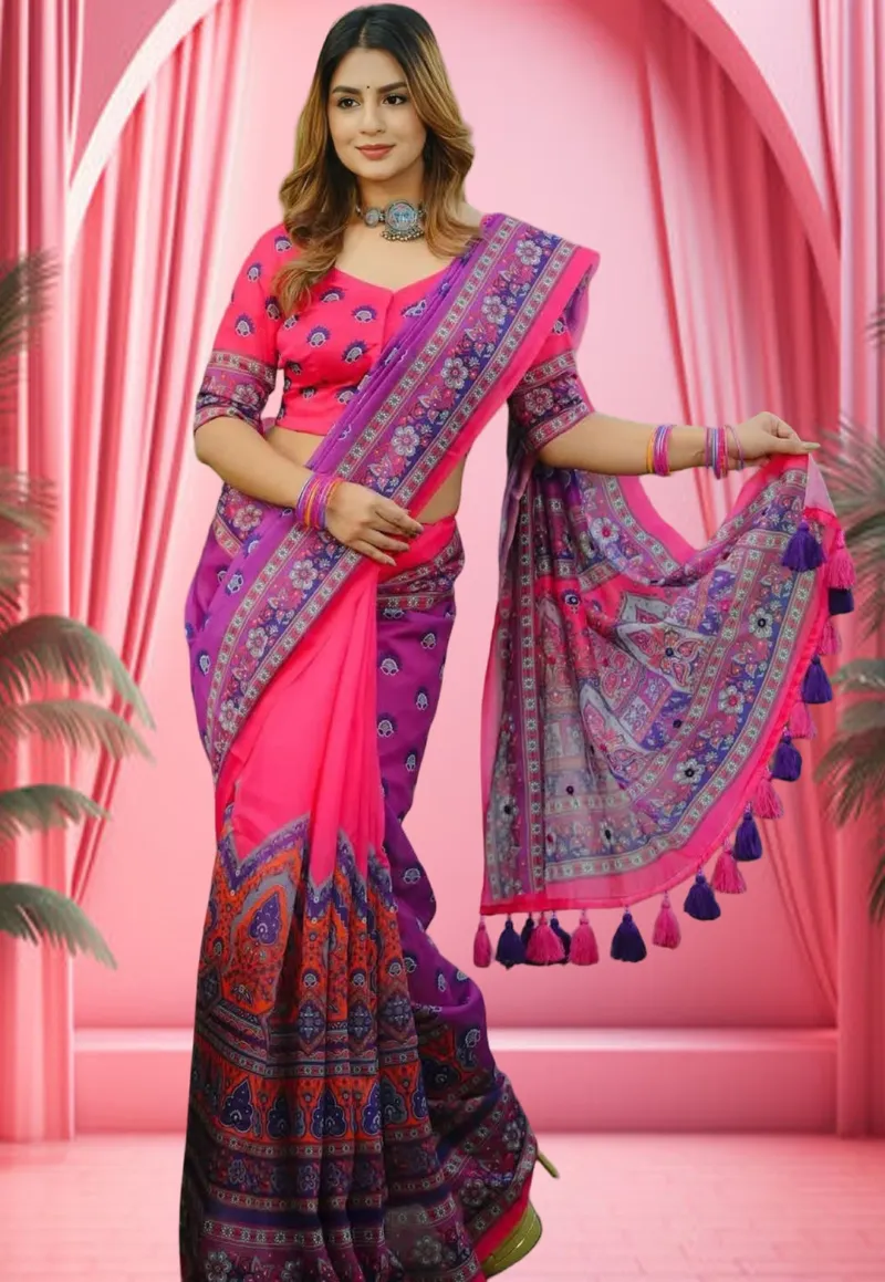 Digital Print Parsha Saree with Blouse Piece, 4 Colours