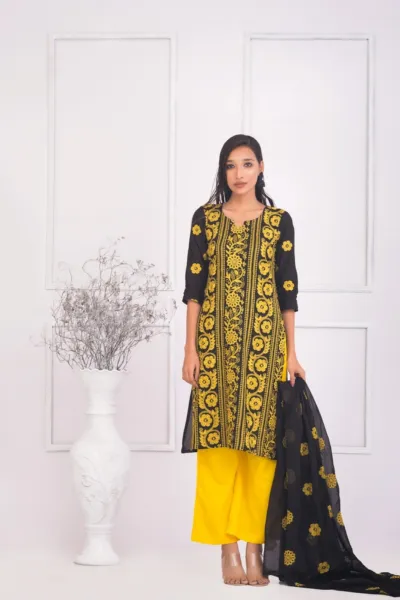 Semi-Stitched Pure AC Cotton Three Piece with Embroidery