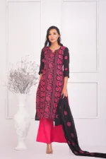 Semi-Stitched Pure AC Cotton Three Piece with Embroidery