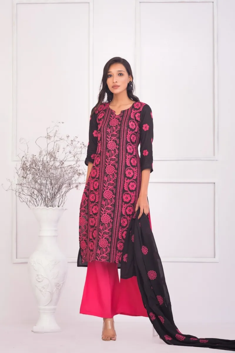 Semi-Stitched Pure AC Cotton Three Piece with Embroidery
