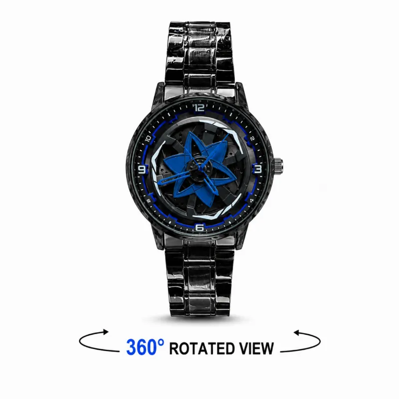 360° Rotating Car Wheel Rim Quartz Watch – Matte Black Sports Wristwatch