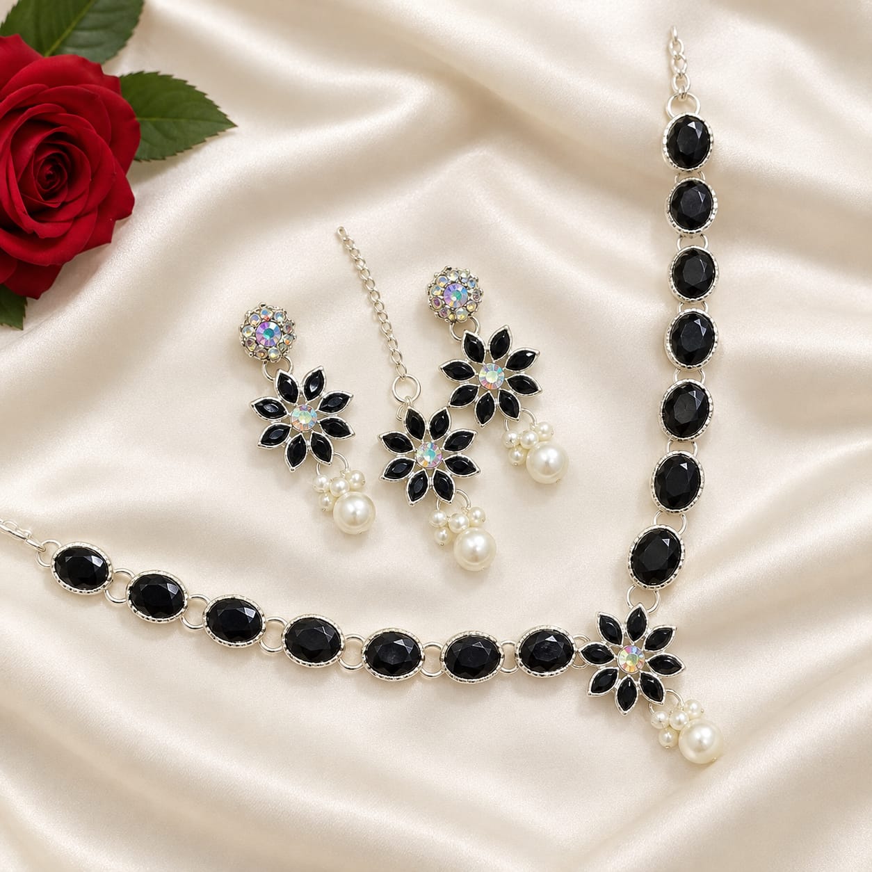 Premium Royal Black Stone and Pearl Jewelry Set (Complete Jewelry Set: Necklace, Earrings & Tikka)