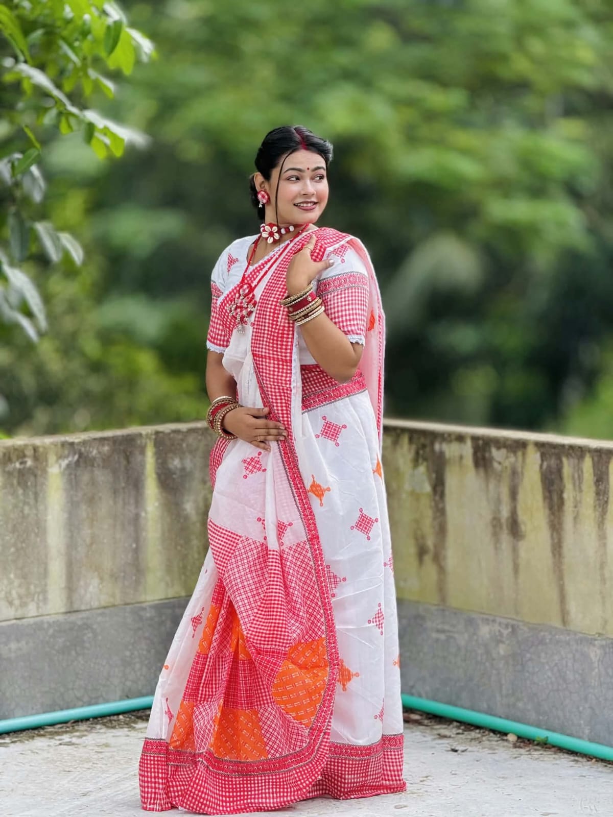 Gamcha Print Saree with Lace Work for Puja, 5 Colours