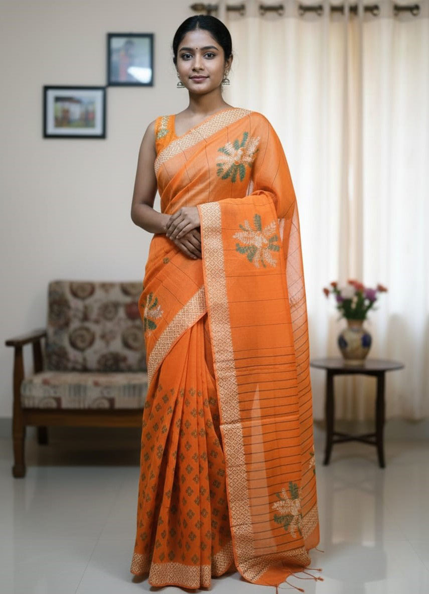 Half Silk Block Print Saree for Festivals, 6 Colours