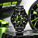 360° Rotating Car Wheel Rim Quartz Watch – Matte Black Sports Wristwatch