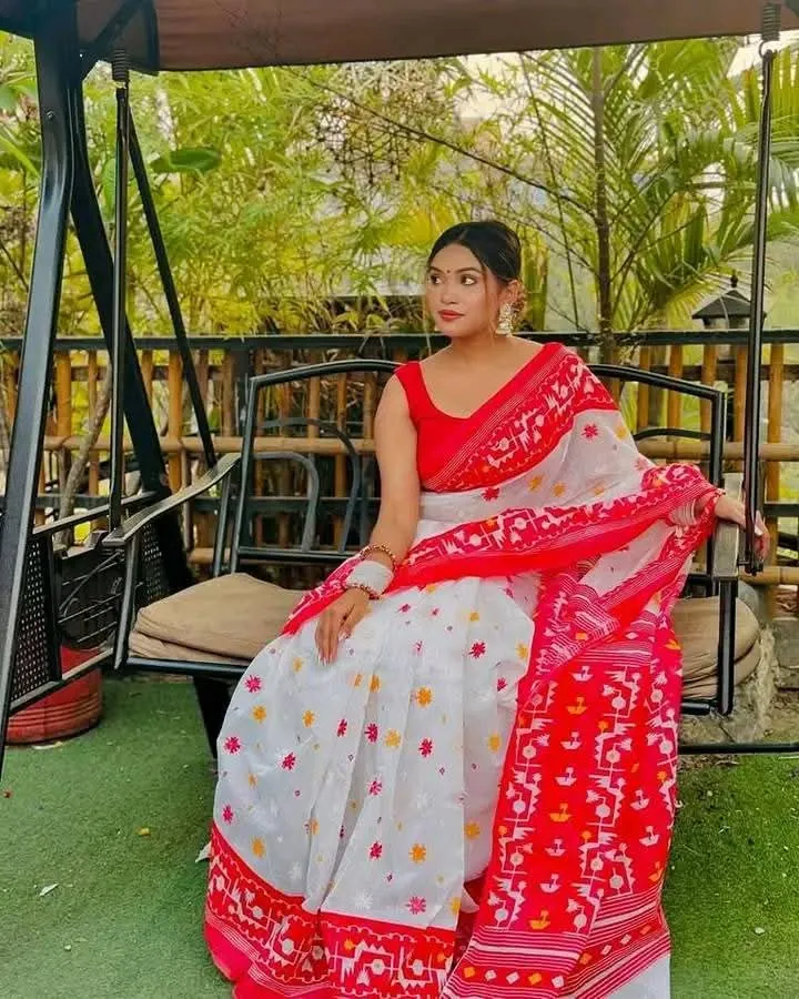 Half Silk Block Print Saree with Jamdani Design, 4 Colours