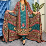 Unstitched Premium Traditional Printed Cotton Three-Piece Suit – Teal Blue & Multicolor