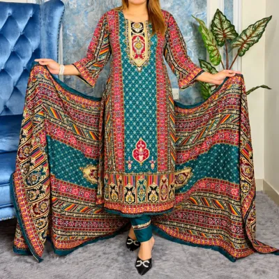 Unstitched Premium Traditional Printed Cotton Three-Piece Suit – Teal Blue & Multicolor