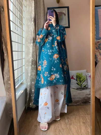 Floral Digital Print Three Piece with Lace and Tassel Work