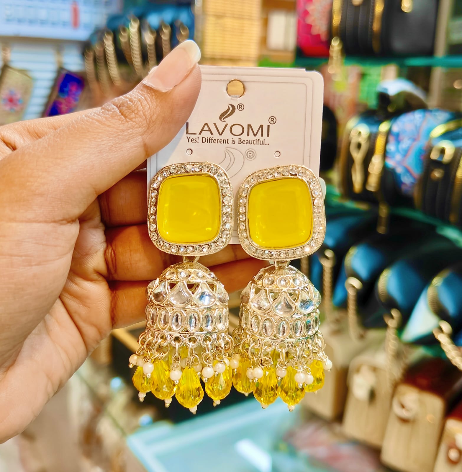 Premium Square Yellow Stone Kundan Jhumka Earrings (Square Bright Yellow Kundan Jhumka Earrings)