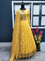 Women's Georgette Embroidered Party Kameez with Orna, Free Size to 46