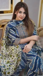 Women's Printed Cotton Three Piece, 5 Haath Orna, L to XXL