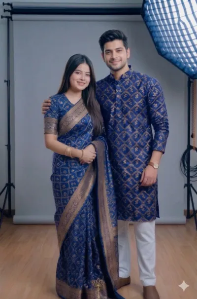 Matching Couple Set, Screen Print Saree with Block Print Panjabi