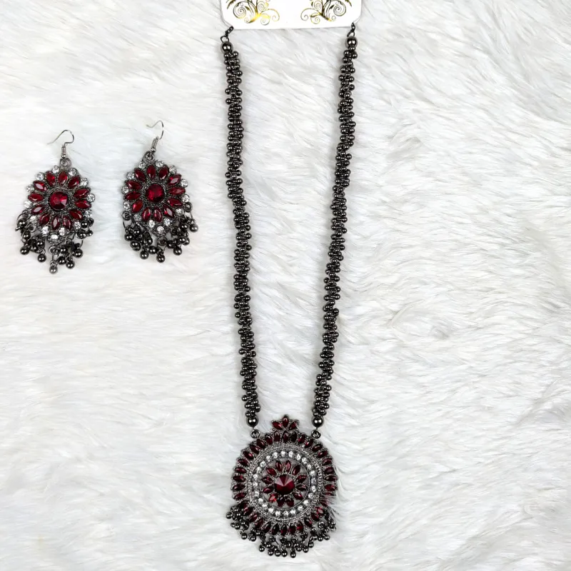 Antique Oxidized Necklace & Earrings Set – (Multiple Colors Available)