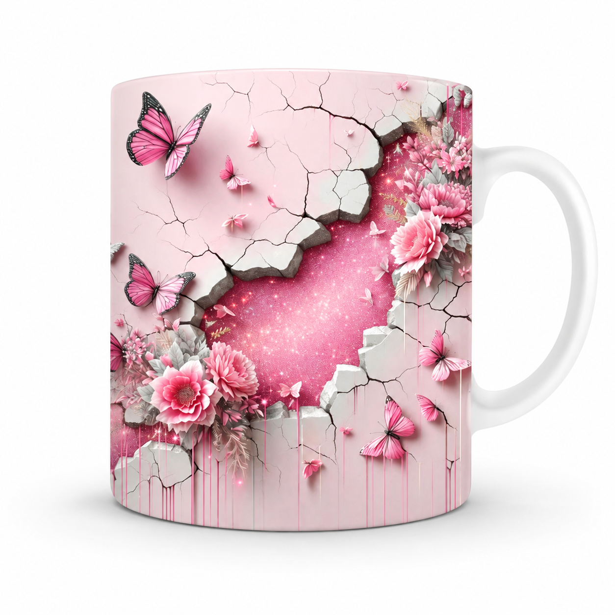 Pink Butterfly & Floral Ceramic Mug – Premium Wraparound Design Coffee Mug, Microwave & Dishwasher Safe